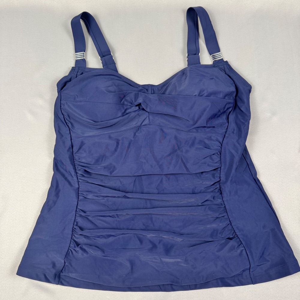 Avenue Tankini Twist Swim Top Navy Blue Ruched Tummy Control Plus Size 16 NEW